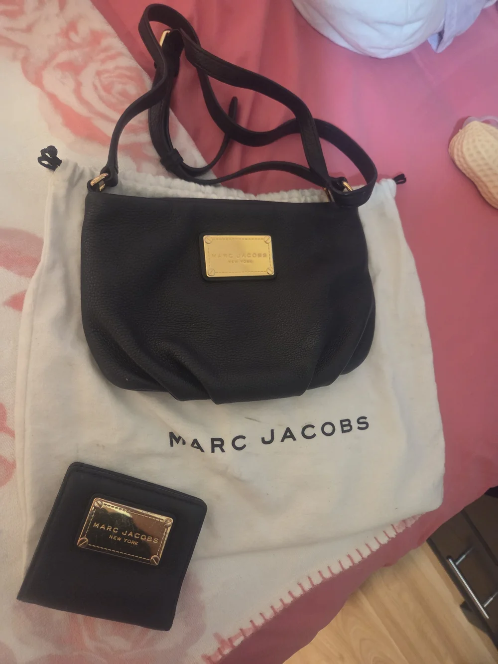 Marc Jacobs Black Pebbled Leather Crossbody with Gold Plaque